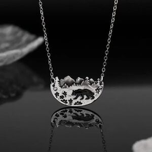 Silver Bohemian Mountain Valley Black Bear Stainless Steel Pendant Necklace